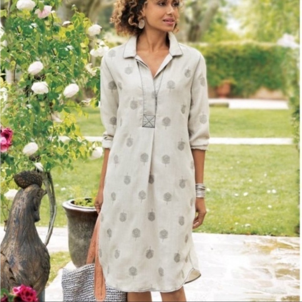 SOFT SURROUNDINGS Medium Paisley Park Shirt Chambray Dress Feathers Grey Gray